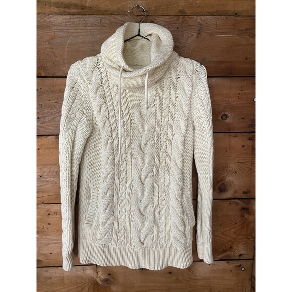 L.L. Bean Cable Knit Sweater Women’s XS Cream Funnel Neck Kangaroo Pocket - Picture 1 of 8